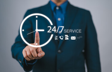 24-7 Customer Service Support concept. Businessman uses technology services through customer help center.