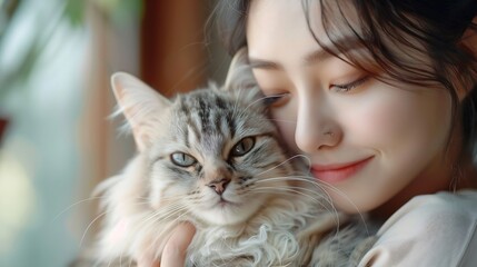Portrait of young Asian woman holding cute cat Female hugging her cute long hair kitty Adorable pet concept : Generative AI