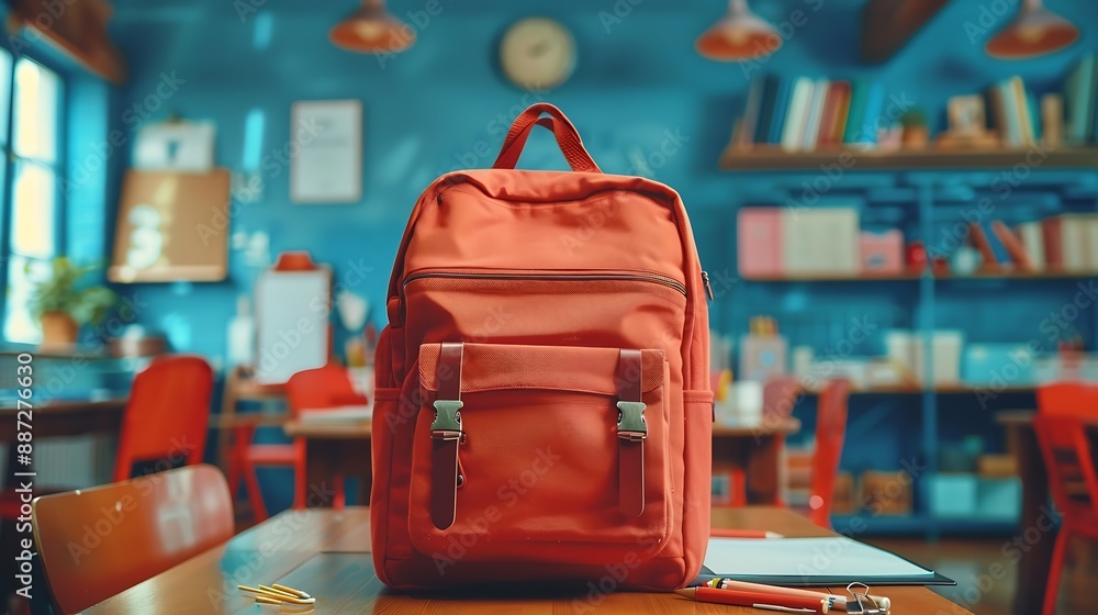 Poster red school backpack with stationery on desk in classroom : generative ai