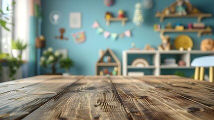 Wooden table free space over blur background of childrens room with kid toys Product display presentation : Generative AI
