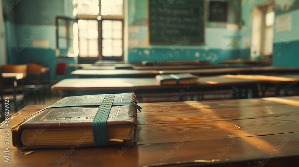 Aufkleber Notebooks on wooden desk in empty classroom : Generative AI