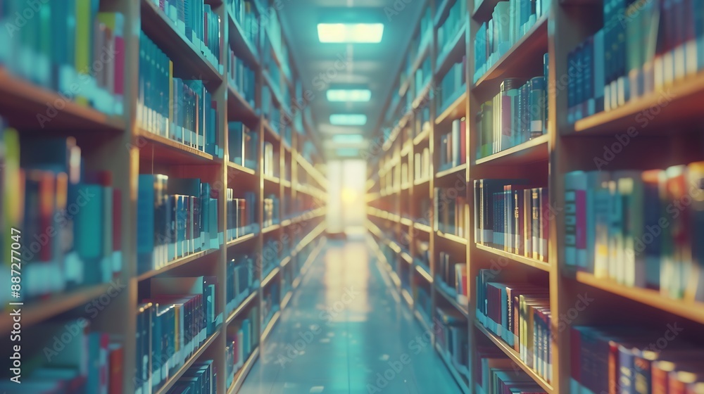 Poster abstract blurred empty college library interior space blurry classroom with bookshelves by defocused