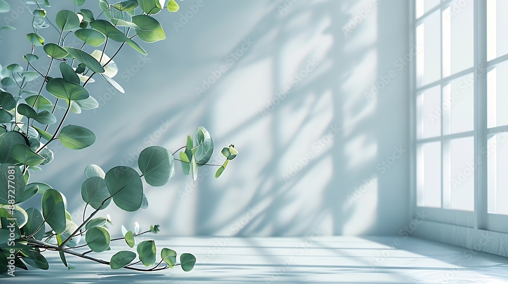 Poster Green eucalyptus branch with beautiful shadows on empty light grey background Backdrop for product presentation Beauty cosmetic advertising display mockup Minimal still life Front view : Generative AI