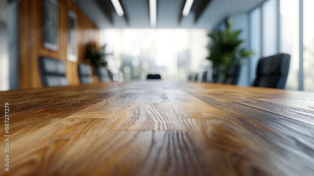 Poster on the blurred background of the empty office room a wooden board rested atop the table : generative