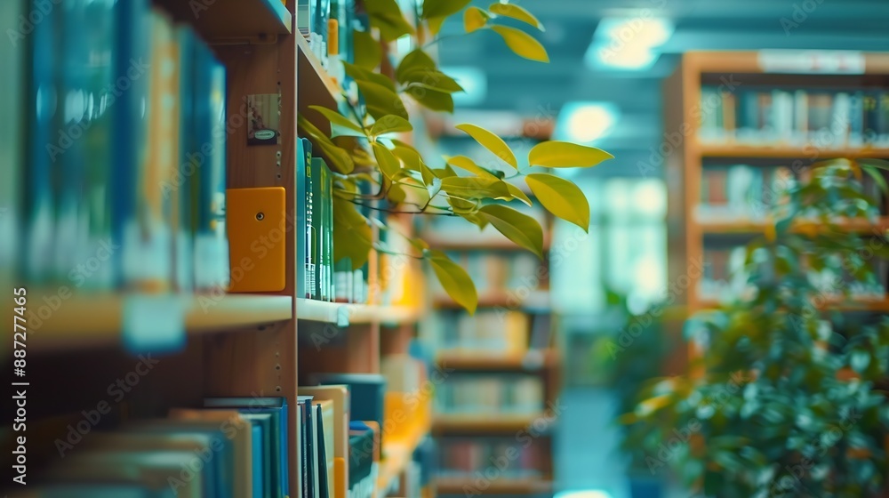 Fototapete Abstract blurred public library interior space blurry room with bookshelves by defocused effect use for background or backdrop in business or education concepts : Generative AI