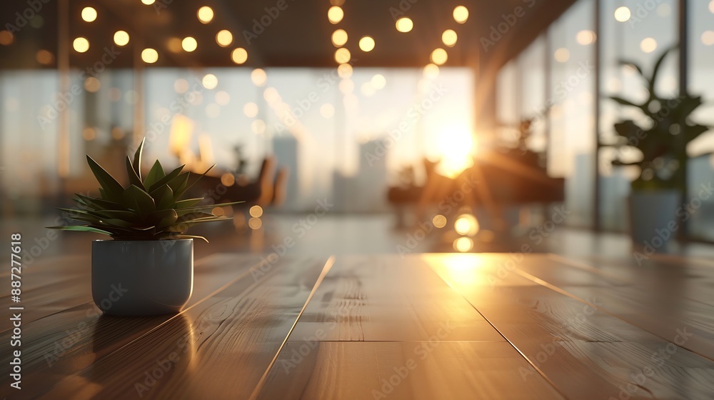 Poster Blurred empty open space office Abstract light bokeh at office interior background for design : Generative AI