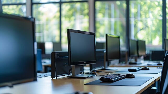 Modern office with computers on desks Empty computer room in college Interior of classroom with computers Concept of corporate working space : Generative AI