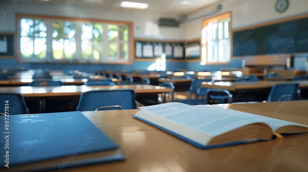 Poster Interior of empty classroom with copybook on desk : Generative AI