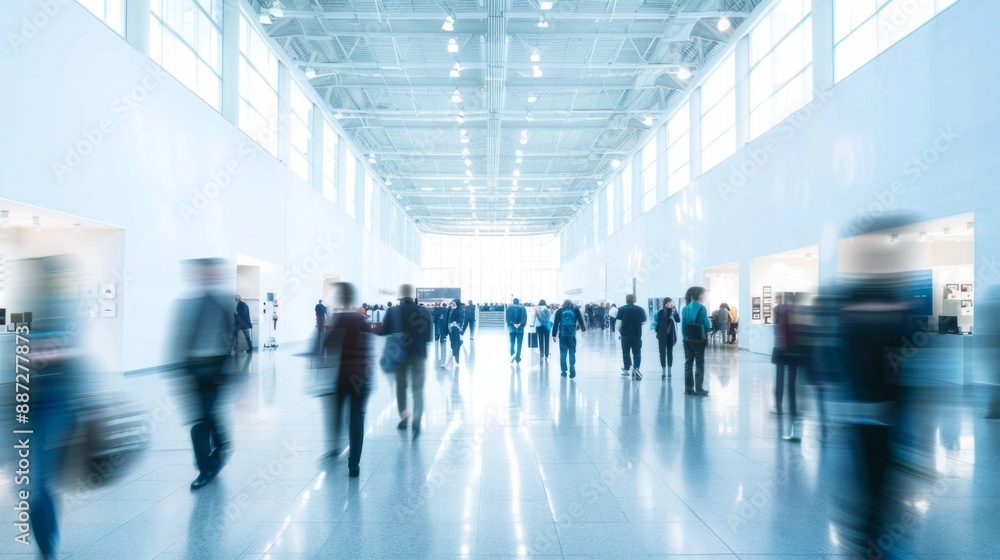 Poster people walk through a spacious, bright, and modern convention center. the scene is blurred, creating