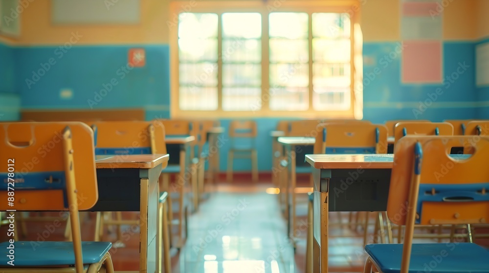 Poster school classroom in selective focus background without young student blurry view of elementary class