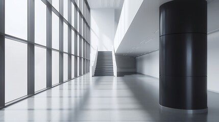 Fototapeta premium Interior of long empty passage with bright windows and black column with stairway in modern penthouse : Generative AI