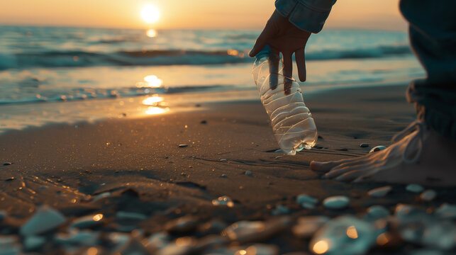 Close-up of a person picking up a plastic bottle from the sandy beach at sunset. Concept of environmental care, pollution cleanup, and volunteer action for a sustainable future.