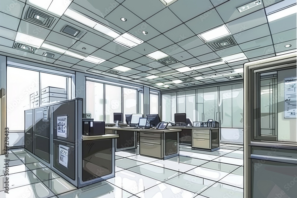 Poster high-tech office workspace with advanced technology and open plan layout