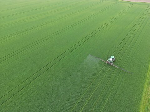 Tractor spraying a phytosanitary product on a huge green field - Tracteur qui &eacute;pand un produit phytosanitaire sur un immense champ vert