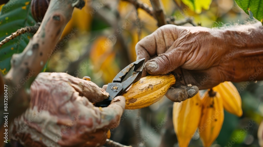 Poster a close-up view of a farmer's hands carefully using a tool to harvest a ripe cocoa pod from a cacao 
