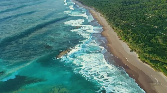 An aerial view of turquoise ocean water crashing onto a sandy beach in Australia. Lush green trees line the coastline.