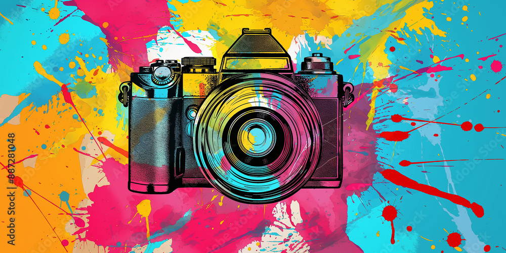 Poster retro camera surrounded by colorful paint splatter representing creative photography