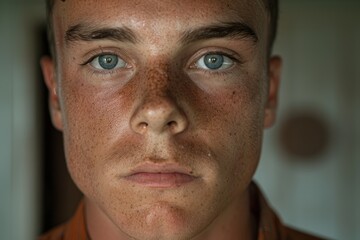 Obraz premium close-up portrait of a young man with freckles and blue eyes
