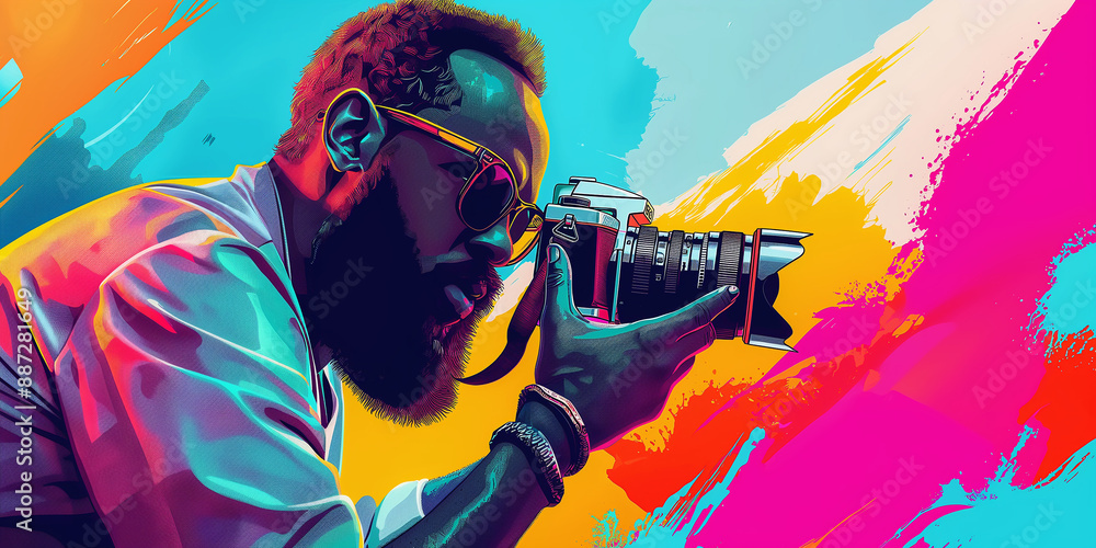 Poster photographer taking picture with colorful background