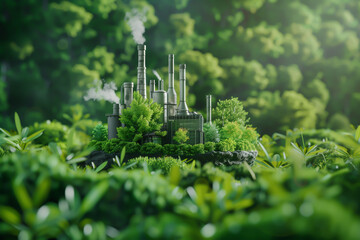 Factory nestled among lush greenery and trees, emitting smoke from its chimneys, A juxtaposition of industry and nature. Concept of green business, environmental impact, and sustainability.