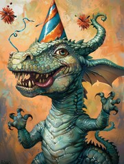 Fototapeta premium A goofy dragon wearing a party hat and blowing a n 067 dragon, statue, asia, sculpture, china, gold, art, ancient, culture, golden, religion, temple, thailand, thai, animal, decoration, architecture,