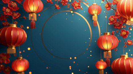 Chinese new year banner with circle for show product. Greeting card. China frame with lantern on Blue background