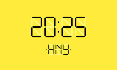 Happy New Year xmas holiday card with digital lcd electronic display clock number 2024 and HNY black letters on yellow background. Merry Christmas celebration greeting calendar vector eps concept