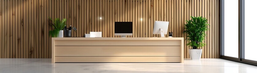 3D Illustration of a Modern Office Reception Desk with a Wooden Wall, Plants, and Computers