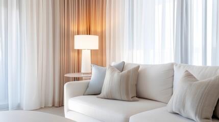 Fototapeta premium Cozy modern living room featuring white sofa with pillows, soft lighting, and curtains creating a serene and inviting atmosphere.