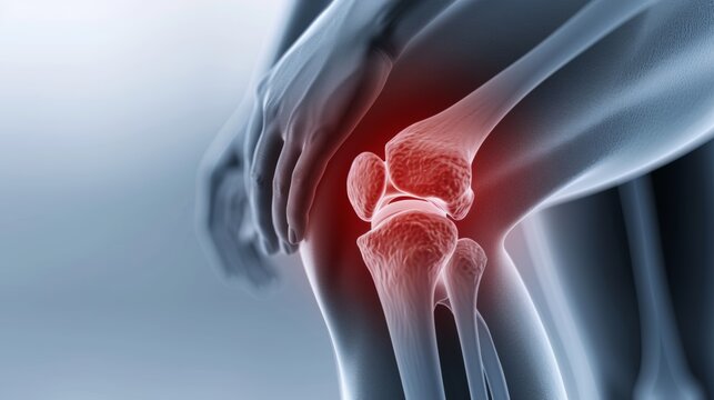 3D illustration of human knee joint pain arthritic medical concept. Highlighted in red color, representing inflammation, injury or musculoskeletal issue.