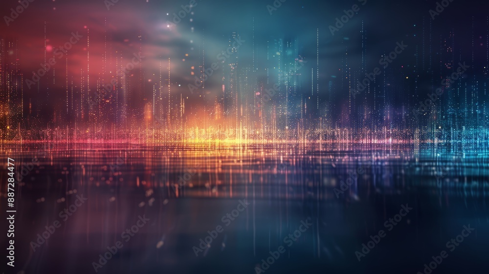 Poster abstract digital art with a colorful gradient, featuring futuristic lines and glowing patterns, crea