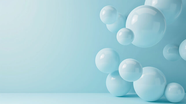 Abstract blue floating spheres balls on light background, soft and glossy bubbles in the air, peaceful and calming ambiance, abstract concept