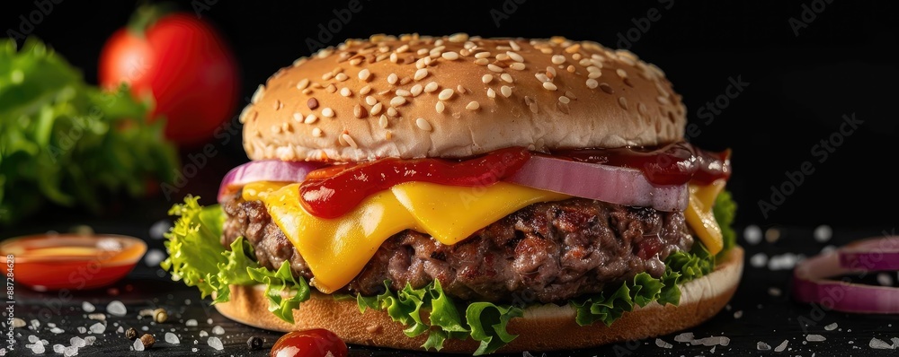 Wall mural delicious cheeseburger with lettuce, tomato, onion, and ketchup on a sesame seed bun, served with a 