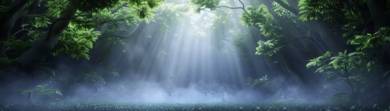 Sun rays pierce through a lush green forest, illuminating the misty atmosphere and creating a serene and magical natural scene.