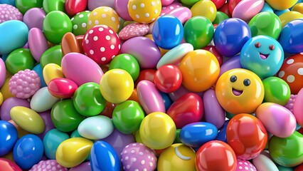Fototapeta premium Vibrant colorful candy background features a multicolored jellybean assortment scattered in a random pattern, creating a playful and festive visual treat.