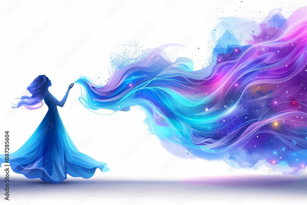 Sticker Woman with Flowing Hair in a Colorful Abstract Fantasy Setting