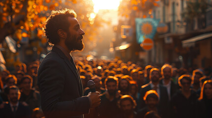 Fototapeta premium Man doing a speech outdoor in front of a crowd of members of a political party