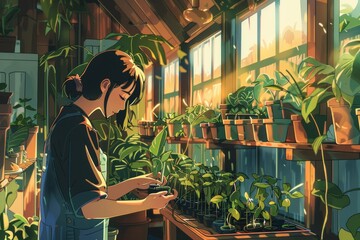 Naklejka premium Amidst rows of potted plants in a sunlit barn greenhouse. Someone tends to seedlings, their hands nurturing life amidst the wooden, Generative AI