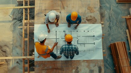 Top view, construction workers or blueprint planning in house, home or office building in real estate, property or architecture innovation. Men, engineering woman or construction site people or idea