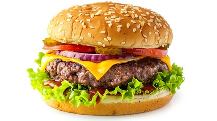 Classic cheeseburger with beef patty, pickles. cheese, tomato.onion. lettuce and ketchup mustard isolated on white background. fresh tasty burger isolated on white background 