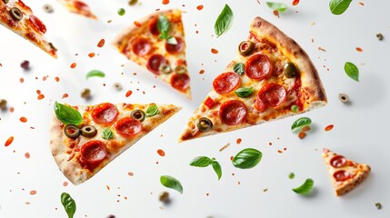 Pizza slices flying, isolated on a white background. Delicious pepperoni pizza slices pepperonis and olives