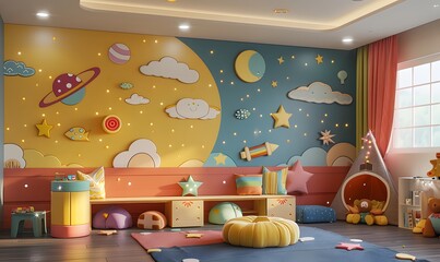 Children's room wall mock-up with colorful cartoon illustrations and playful decals