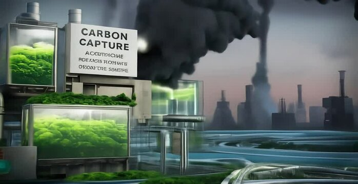 Carbon capture plant concept: Futuristic factory with green algae-filled tubes absorbs carbon from smoky surroundings