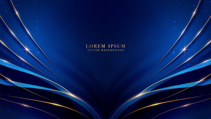 Blue luxury background with golden line curve decoration, and glitter light effect elements