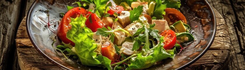 Fresh mixed salad with lettuce, tomatoes, tofu, and cucumbers served on a rustic wooden table.
