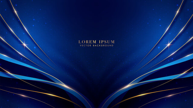 Blue luxury background with golden line curve decoration, and glitter light effect elements