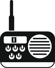 Black and white icon of a portable radio receiver transmitting signals with an antenna