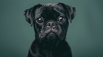 Cute black Pug portrait with copy space studio background