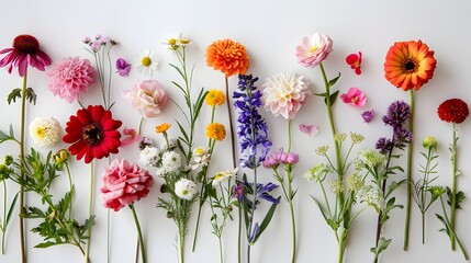 Flat lay of fresh flowers on white background. 
