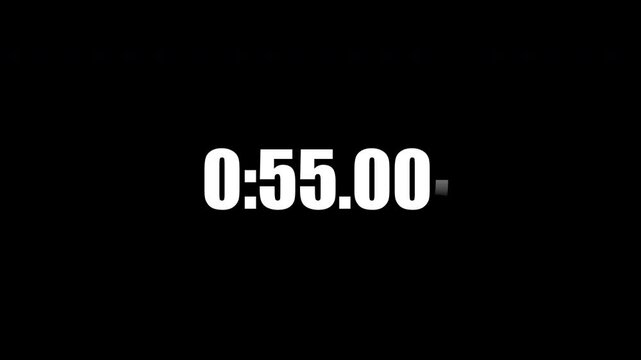 60 second countdown timer. 1 minute count down timer. White numbers on black background with white ring moving around the timer. One minute countdown. Digital countdown. 4K motion count down timer.